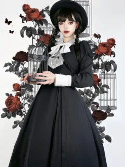 Robes Gothiques Lolita Volants Plissé Noir Manches Longues