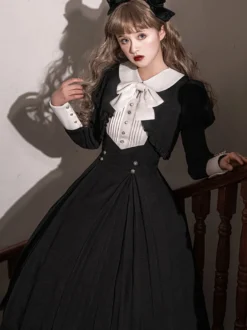 Robes Gothiques Lolita Volants Plissé Noir Manches Longues