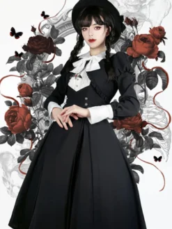 Robes Gothiques Lolita Volants Plissé Noir Manches Longues