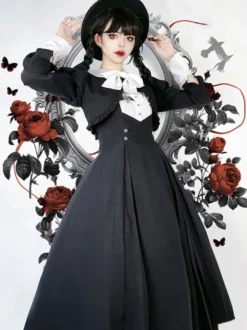 Robes Gothiques Lolita Volants Plissé Noir Manches Longues