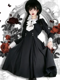 Robes Gothiques Lolita Volants Plissé Noir Manches Longues