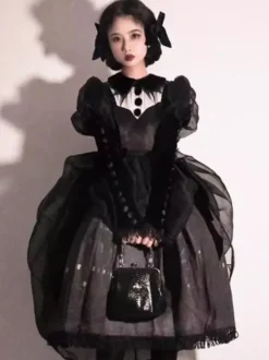 Robes gothiques Lolita à volants et nœuds imprimé floral noir et noir
