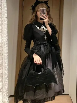 Robes gothiques Lolita à volants et nœuds imprimé floral noir et noir