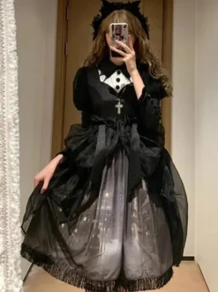 Robes gothiques Lolita à volants et nœuds imprimé floral noir et noir