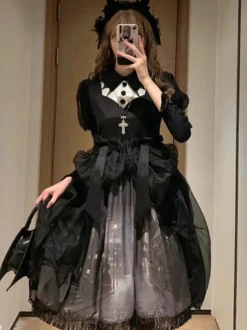 Robes gothiques Lolita à volants et nœuds imprimé floral noir et noir