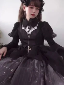 Robes gothiques Lolita à volants et nœuds imprimé floral noir et noir
