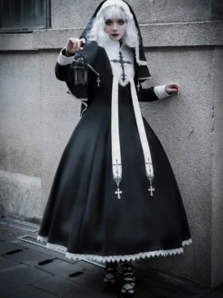 Robes gothiques Lolita à volants et blocs de couleurs croisés Noir Noir
