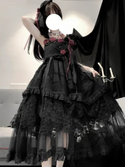 Robes gothiques Lolita à volants et fleurs noires Hime Lolita JSK