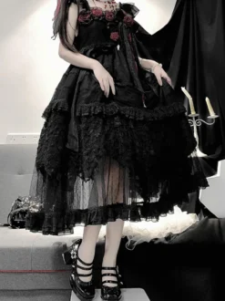 Robes gothiques Lolita à volants et fleurs noires Hime Lolita JSK