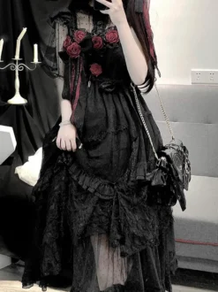 Robes gothiques Lolita à volants et fleurs noires Hime Lolita JSK