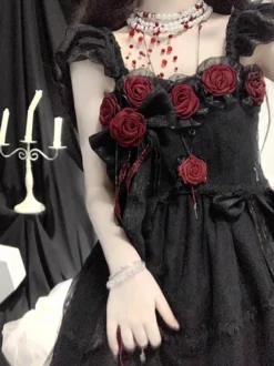 Robes gothiques Lolita à volants et fleurs noires Hime Lolita JSK