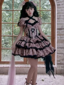 Robes Gothiques Lolita Volants Noeuds Imprimé Floral Rose Rose