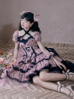 Robes Gothiques Lolita Volants Noeuds Imprimé Floral Rose Rose