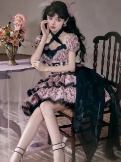 Robes Gothiques Lolita Volants Noeuds Imprimé Floral Rose Rose