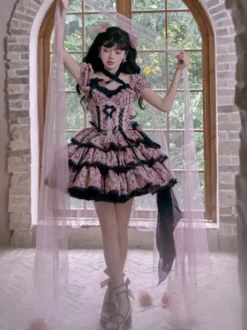 Robes Gothiques Lolita Volants Noeuds Imprimé Floral Rose Rose