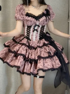 Robes Gothiques Lolita Volants Noeuds Imprimé Floral Rose Rose
