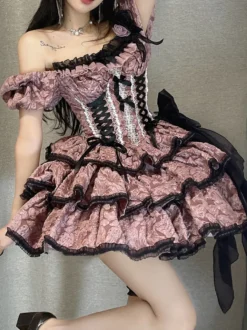 Robes Gothiques Lolita Volants Noeuds Imprimé Floral Rose Rose