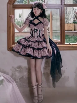 Robes Gothiques Lolita Volants Noeuds Imprimé Floral Rose Rose
