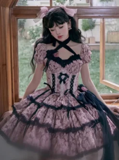 Robes Gothiques Lolita Volants Noeuds Imprimé Floral Rose Rose