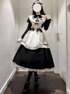 Robes gothiques Lolita à volants et nœuds Bloc de couleurs Noir Noir