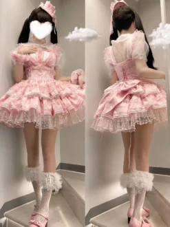 Robes gothiques Lolita à volants à pois rose vert