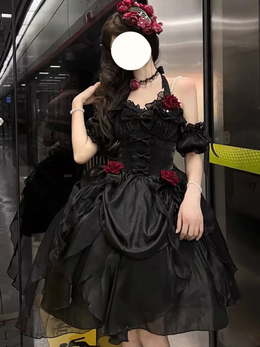 Robes Gothiques Lolita À Volants Nœuds Noirs Robe De Princesse Lolita JSK