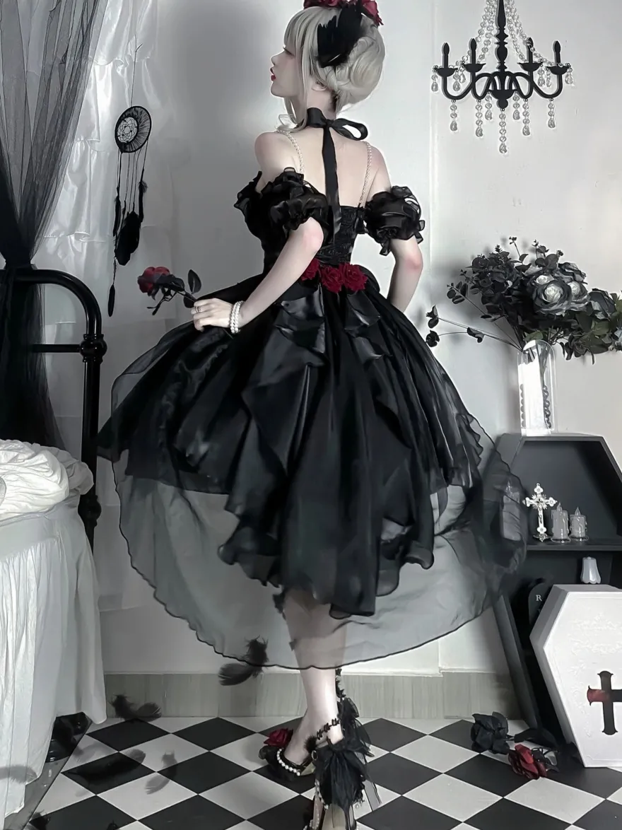 Robes Gothiques Lolita À Volants Nœuds Noirs Robe De Princesse Lolita JSK
