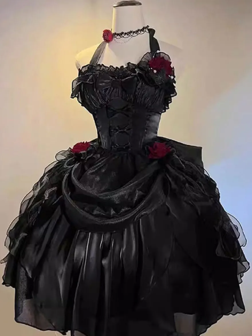 Robes Gothiques Lolita À Volants Nœuds Noirs Robe De Princesse Lolita JSK