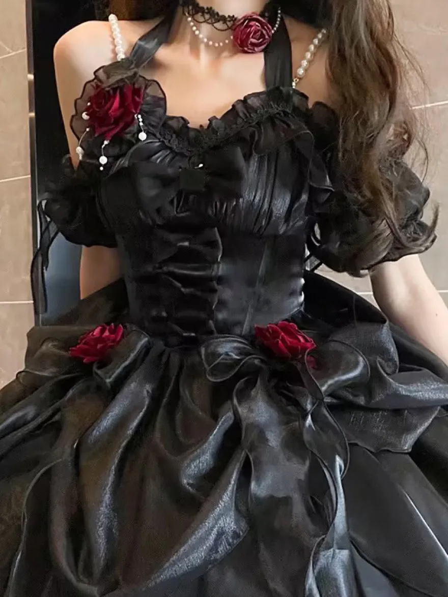Robes Gothiques Lolita À Volants Nœuds Noirs Robe De Princesse Lolita JSK