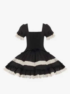 Robes Lolita classiques gothiques douces à lacets et volants à blocs de couleurs noires