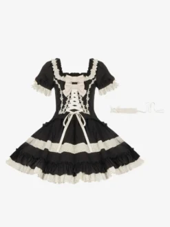 Robes Lolita classiques gothiques douces à lacets et volants à blocs de couleurs noires