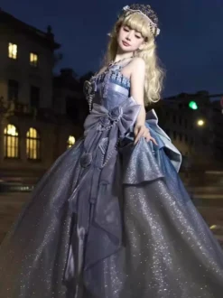 Robes Lolita féeriques bleues à nœuds fleuris scintillants robes Lolita longues