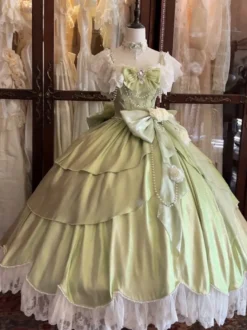 Robes Lolita féeriques bleues à nœuds fleurs et volants longues robes Lolita en dentelle