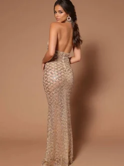 Robes longues à sequins sans manches dos ouvert robe de bal de club
