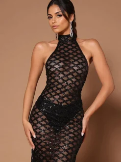 Robes longues à sequins sans manches dos ouvert robe de bal de club