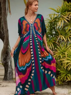 Robes maxi oversize à manches courtes imprimées col en V et manches chauve-souris maillots de bain rouges sportifs pour l'été