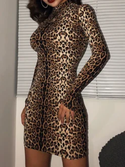 Robes Moulantes Courtes Imprimés Léopards à Col Montant avec Manches Longues Coupe Cintrée Bicolores Sexy
