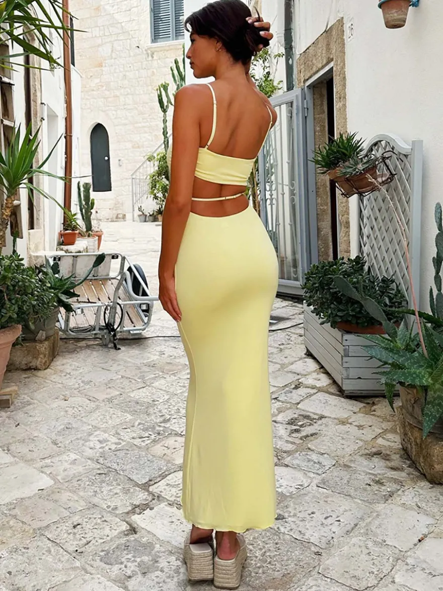 Robes Moulantes Jaune à Bretelles Sexy Robe Longue Robe Fourreau