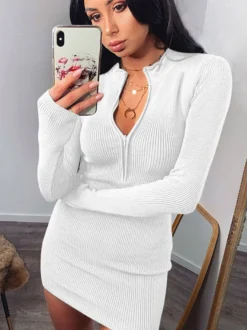 Robes Moulantes Robe Crayon Blanche À Col Polo Manches Longues Sexy