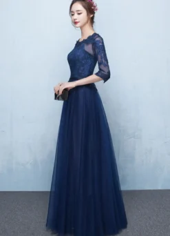 Robe soirée 2026 bleu en dentelle robe de bal demi-manche longueur au sol robe d'invité de mariage