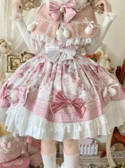 Robes Sweet Lolita robe JSK à imprimé dessin animé et cape rose ensemble deux pièces ensemble jupe pull princesse Kawaii