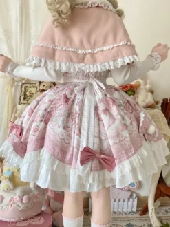 Robes Sweet Lolita robe JSK à imprimé dessin animé et cape rose ensemble deux pièces ensemble jupe pull princesse Kawaii