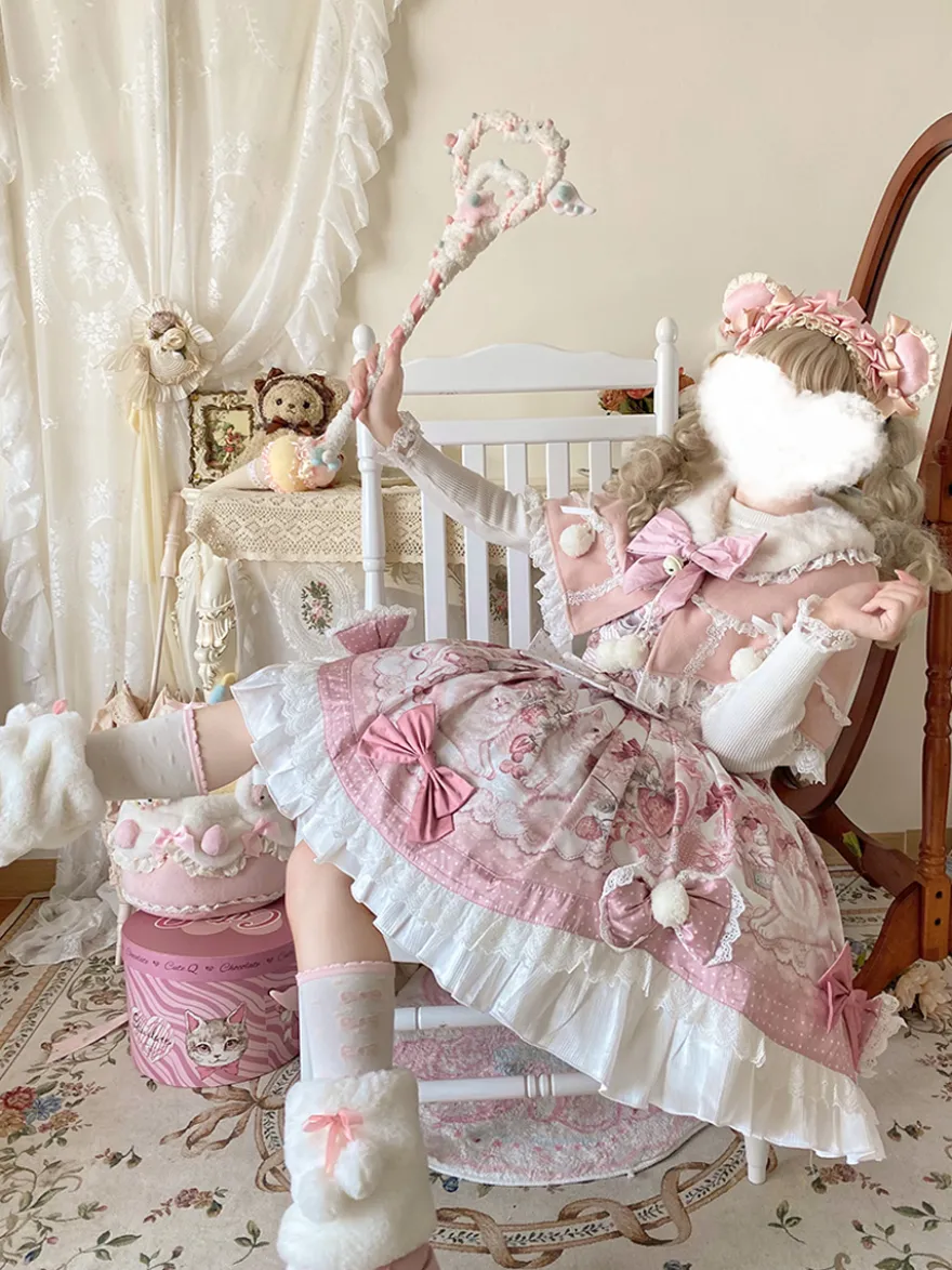 Robes Sweet Lolita robe JSK à imprimé dessin animé et cape rose ensemble deux pièces ensemble jupe pull princesse Kawaii