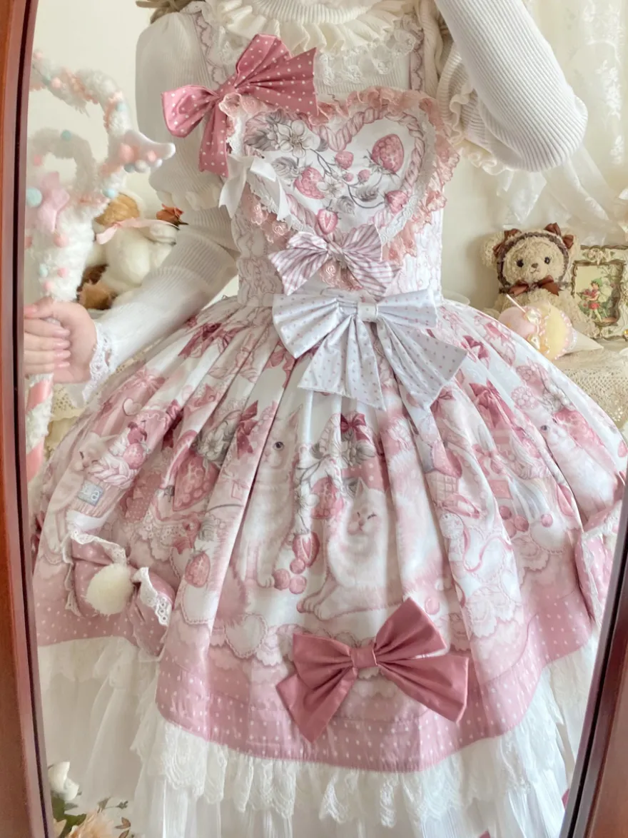 Robes Sweet Lolita robe JSK à imprimé dessin animé et cape rose ensemble deux pièces ensemble jupe pull princesse Kawaii