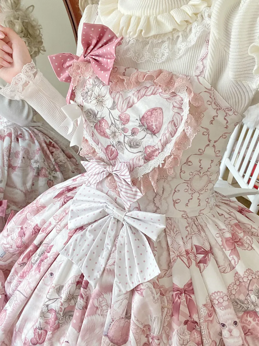 Robes Sweet Lolita robe JSK à imprimé dessin animé et cape rose ensemble deux pièces ensemble jupe pull princesse Kawaii