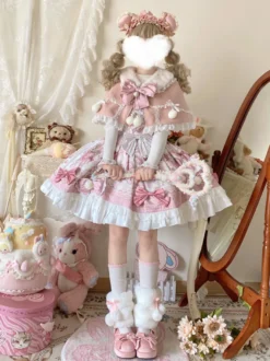 Robes Sweet Lolita robe JSK à imprimé dessin animé et cape rose ensemble deux pièces ensemble jupe pull princesse Kawaii