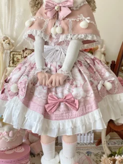Robes Sweet Lolita robe JSK à imprimé dessin animé et cape rose ensemble deux pièces ensemble jupe pull princesse Kawaii