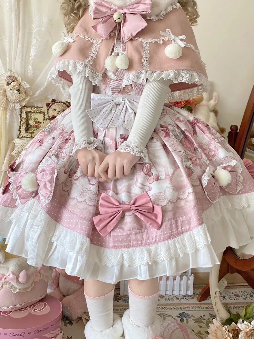 Robes Sweet Lolita robe JSK à imprimé dessin animé et cape rose ensemble deux pièces ensemble jupe pull princesse Kawaii