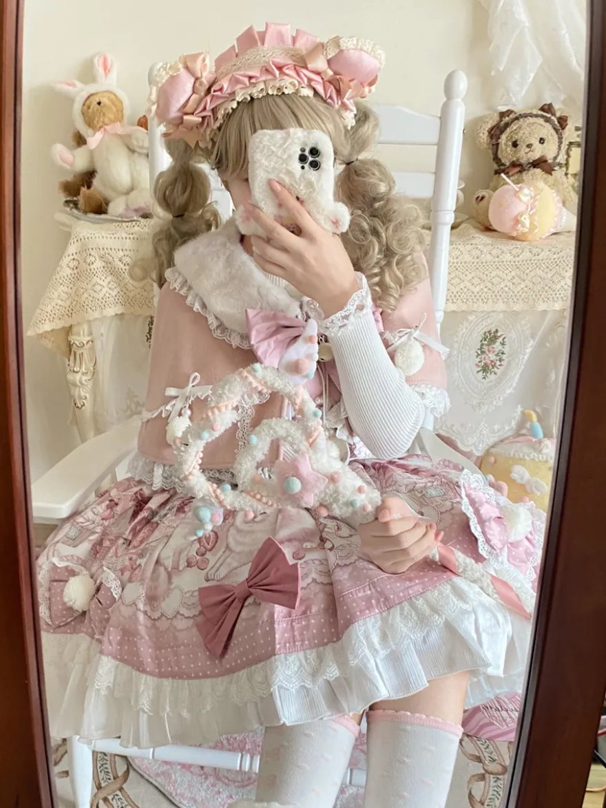 Robes Sweet Lolita robe JSK à imprimé dessin animé et cape rose ensemble deux pièces ensemble jupe pull princesse Kawaii