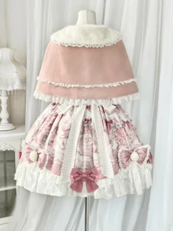 Robes Sweet Lolita robe JSK à imprimé dessin animé et cape rose ensemble deux pièces ensemble jupe pull princesse Kawaii